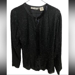 NIGHT VOGUE Black Beaded Evening Jacket Women Silk Party Cocktail Sexy S…